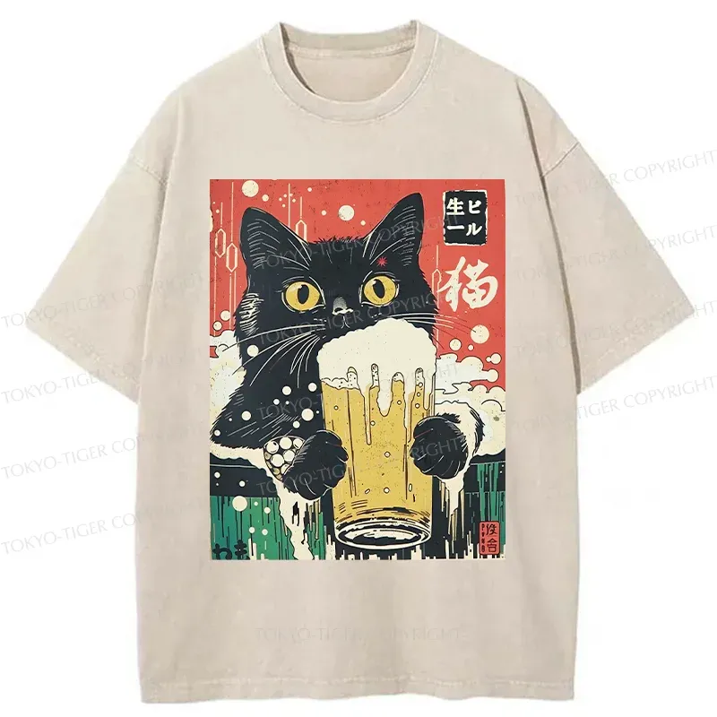 Tokyo-Tiger Cat Drinking Beer Funny Washed T-Shirt