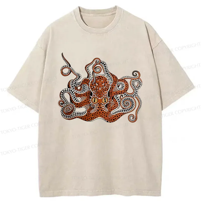 Tokyo-Tiger Retro Japanese octopus Washed T-Shirt