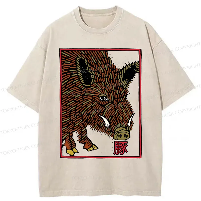 Tokyo-Tiger Woodcut Pig Washed T-Shirt