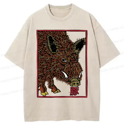 Tokyo-Tiger Woodcut Pig Washed T-Shirt