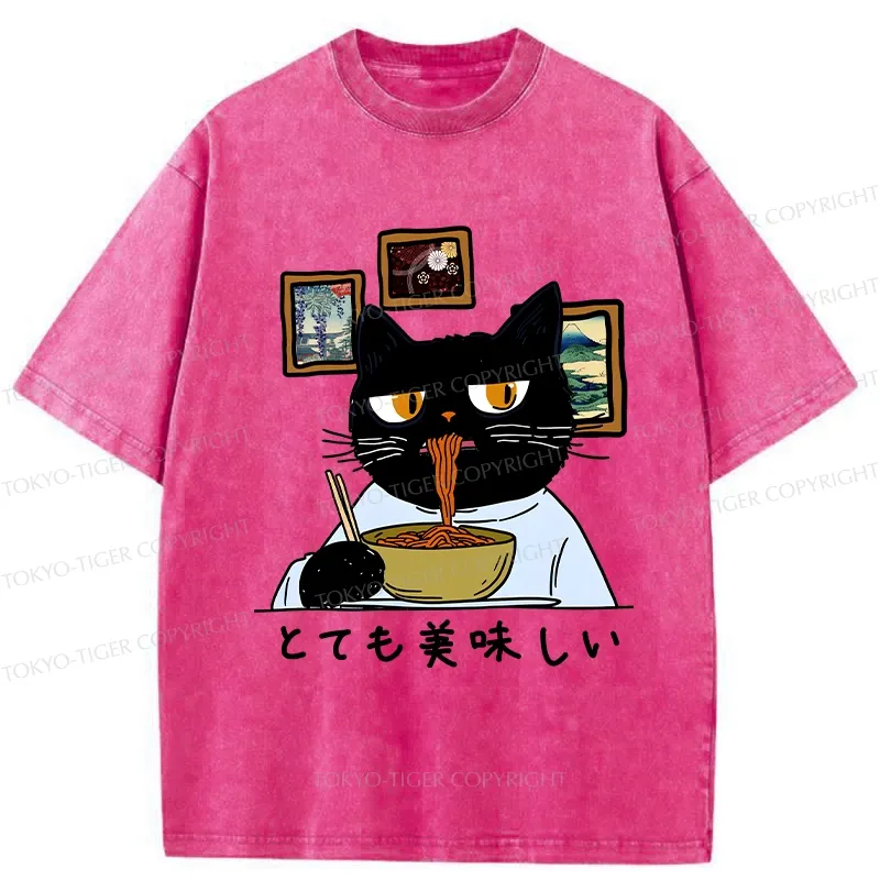 Tokyo-Tiger Cat Eating Delicious Ramen Washed T-Shirt