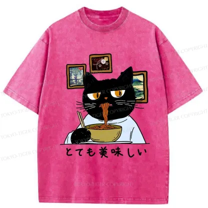 Tokyo-Tiger Cat Eating Delicious Ramen Washed T-Shirt