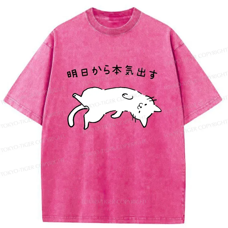 Tokyo-Tiger Lazy Cat Funny Washed T-Shirt