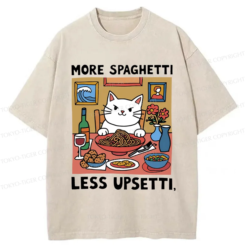 Tokyo-Tiger Cat Eating Spaghetti Washed T-Shirt