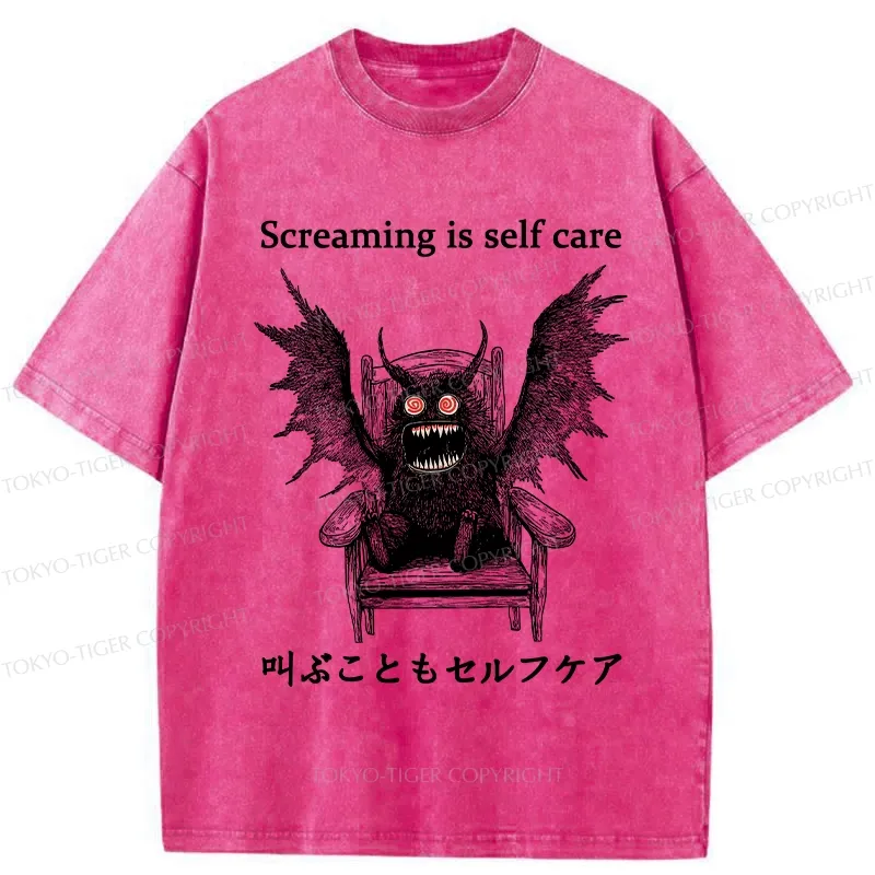 Tokyo-Tiger Screaming Is Self Care Washed T-Shirt