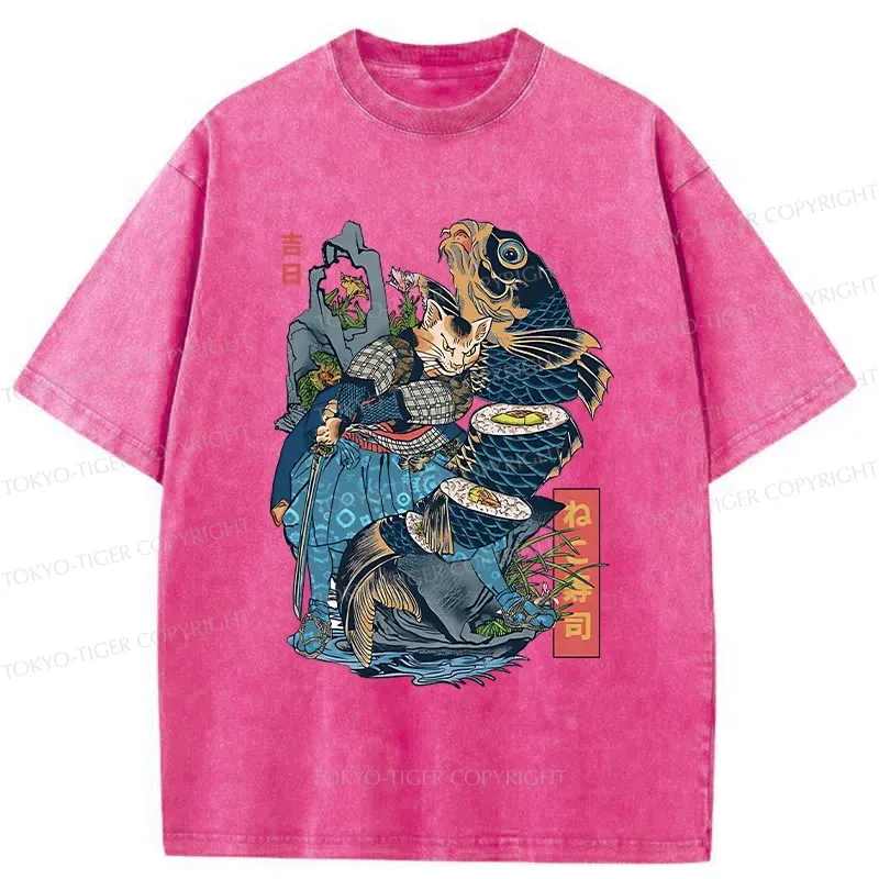 Tokyo-Tiger Funny Cat Kills Fish Washed T-Shirt