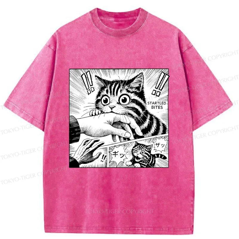 Tokyo-Tiger Cat Biting Funny Washed T-Shirt