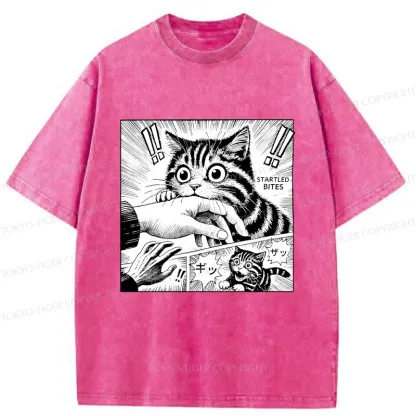 Tokyo-Tiger Cat Biting Funny Washed T-Shirt