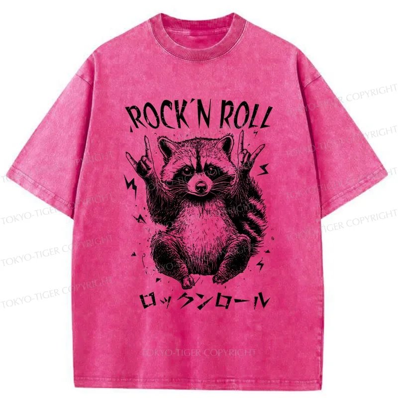 Tokyo-Tiger Funny Raccoon Rock And Roll Washed T-Shirt