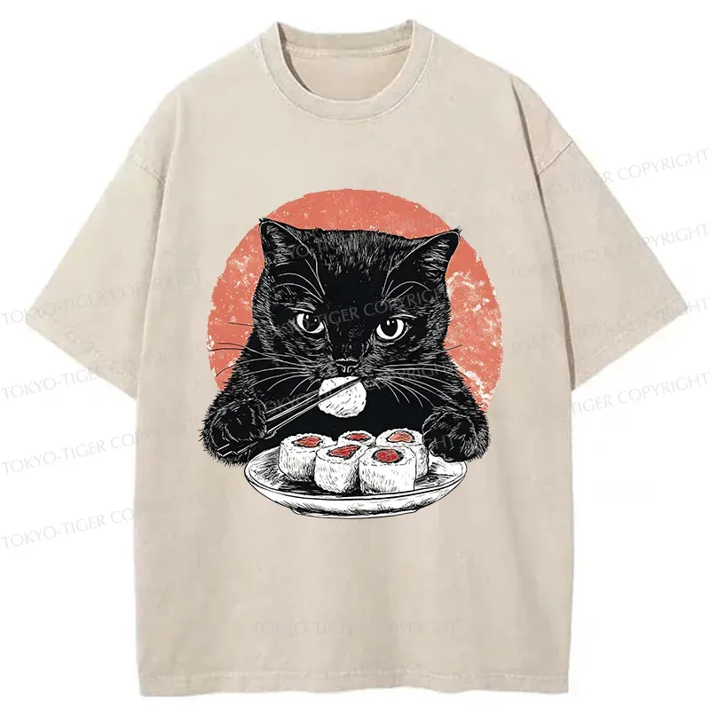 Tokyo-Tiger Cat Eating Delicious Sushi Washed T-Shirt