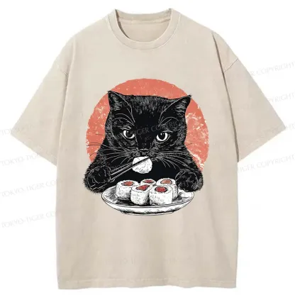Tokyo-Tiger Cat Eating Delicious Sushi Washed T-Shirt