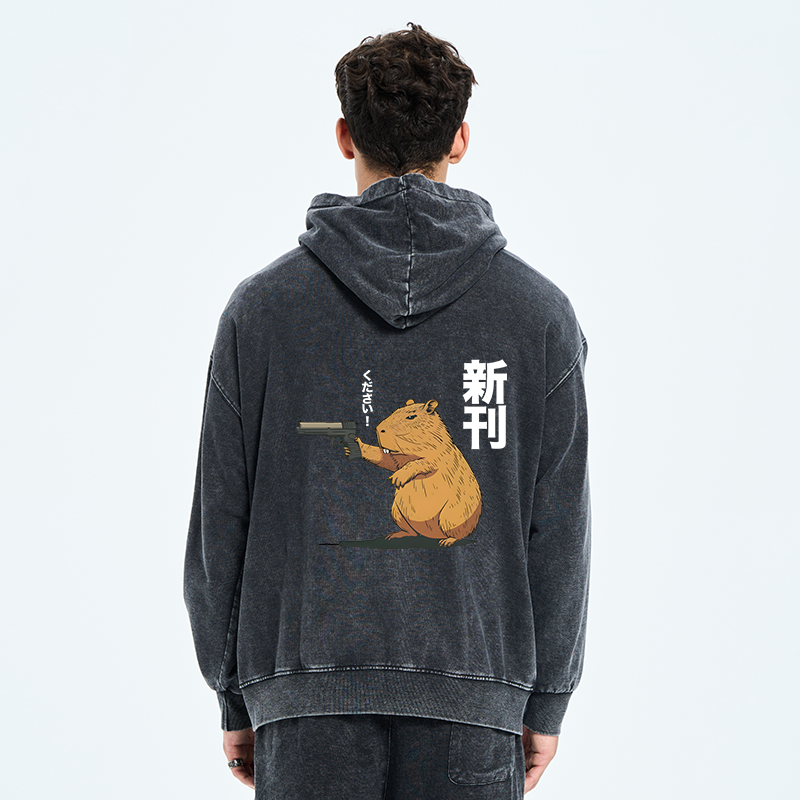Tokyo-Tiger Capybara Holding A Gun Washed Zip Hoodie