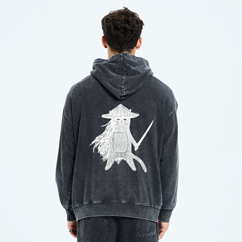 Tokyo-Tiger Japanese Samurai Cat Washed Zip Hoodie