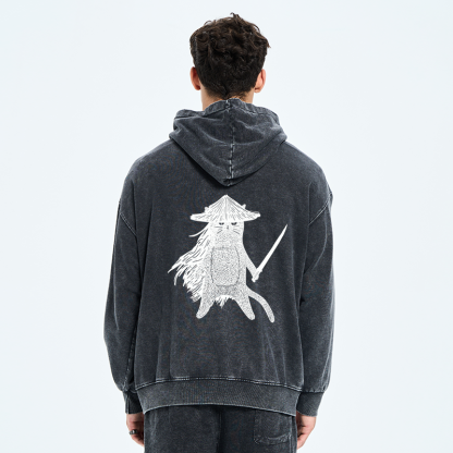 Tokyo-Tiger Japanese Samurai Cat Washed Zip Hoodie