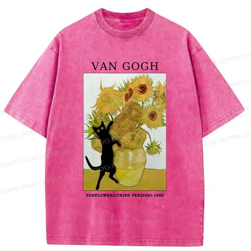Tokyo-Tiger Cat Plays With Sunflowers Washed T-Shirt