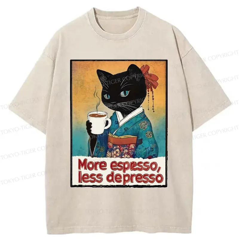 Tokyo-Tiger Japanese Cat Drinking Espresso Washed T-Shirt