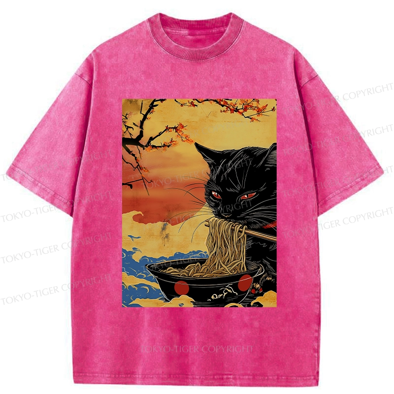 Tokyo-Tiger Cat Eating Ramen In The Sunset Washed T-Shirt