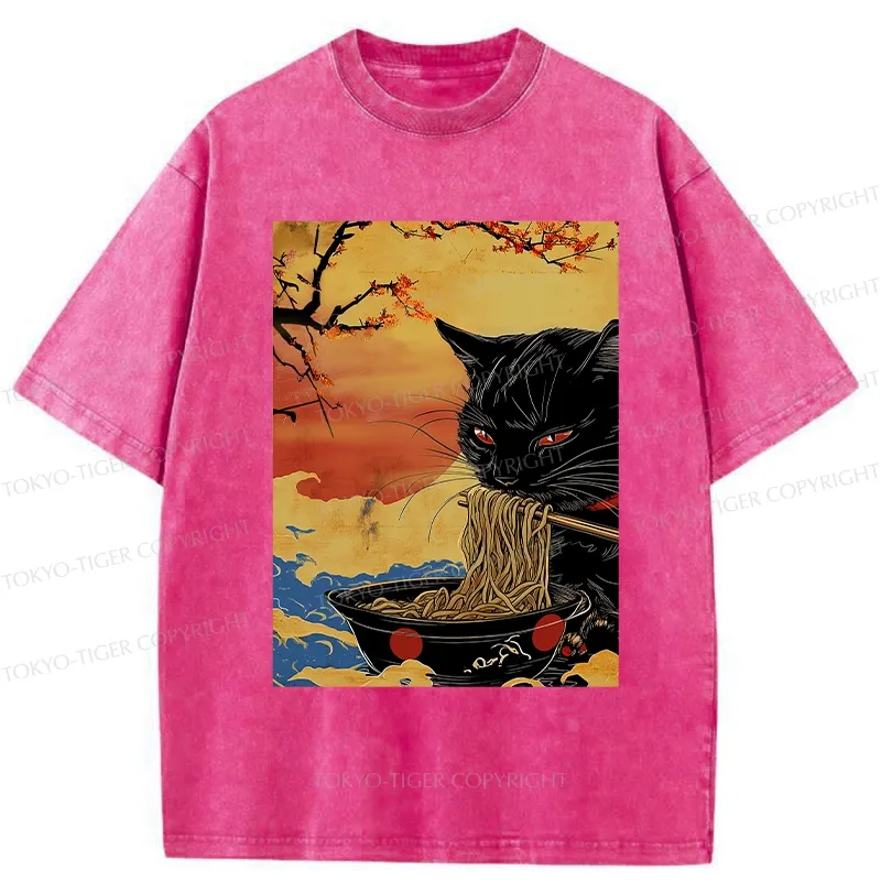 Tokyo-Tiger Cat Eating Ramen In The Sunset Washed T-Shirt Sale
