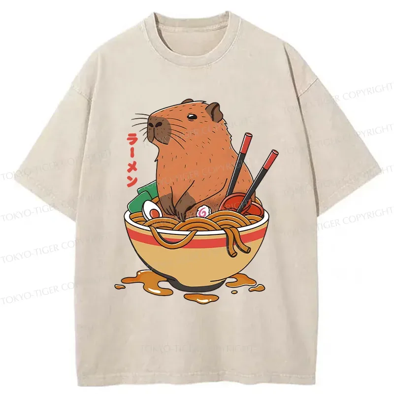 Tokyo-Tiger Capybara Ramen Funny Washed T-Shirt