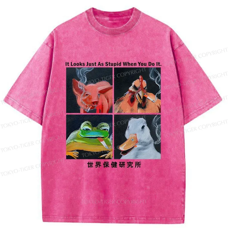 Tokyo-Tiger Smoking Animals Funny Washed T-Shirt