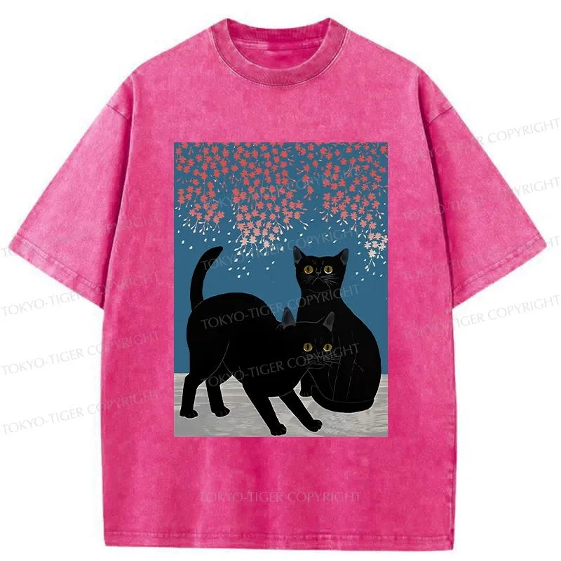 Tokyo-Tiger Black Cat Under The Sakura Washed T-Shirt Sale