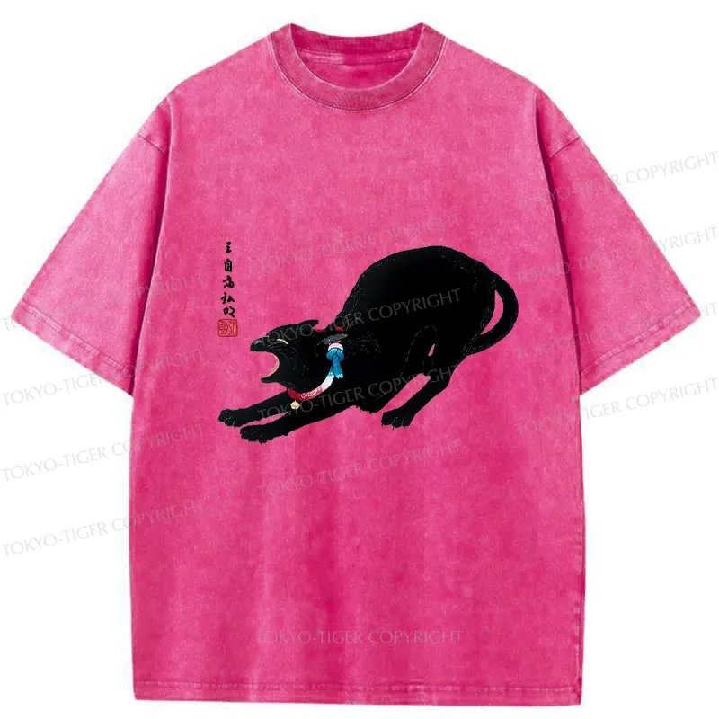 Tokyo-Tiger Cat Stretching Washed T-Shirt