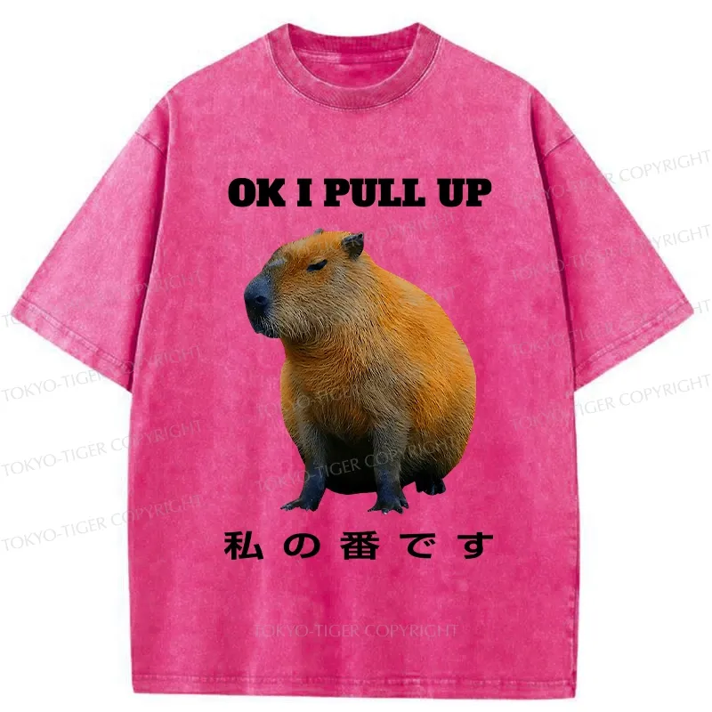 Tokyo-Tiger Ok I Pull Up Funny Capybara Washed T-Shirt