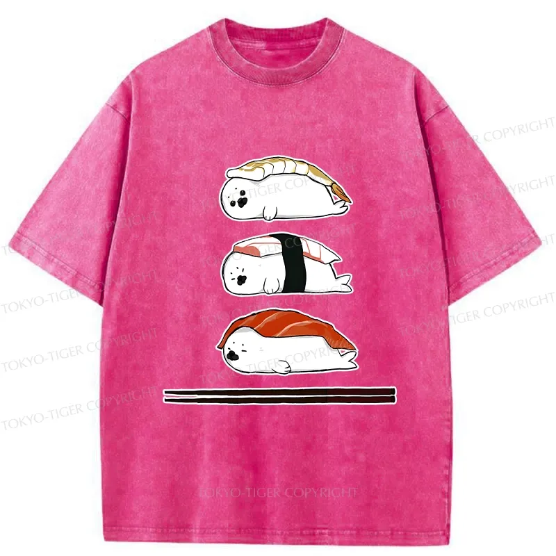 Tokyo-Tiger Cute Seal Sushi Washed T-Shirt