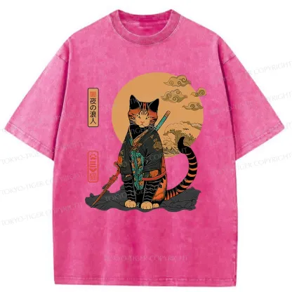 Tokyo-Tiger Retro Cat Samurai Washed T-Shirt