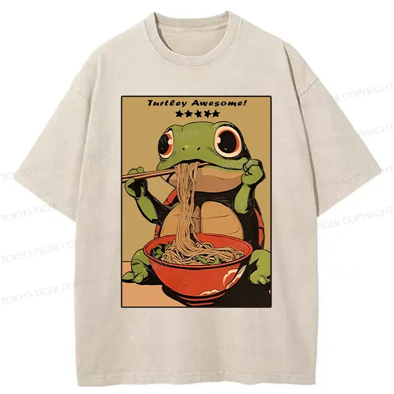 Tokyo-Tiger Turtle Eating Ramen Washed T-Shirt