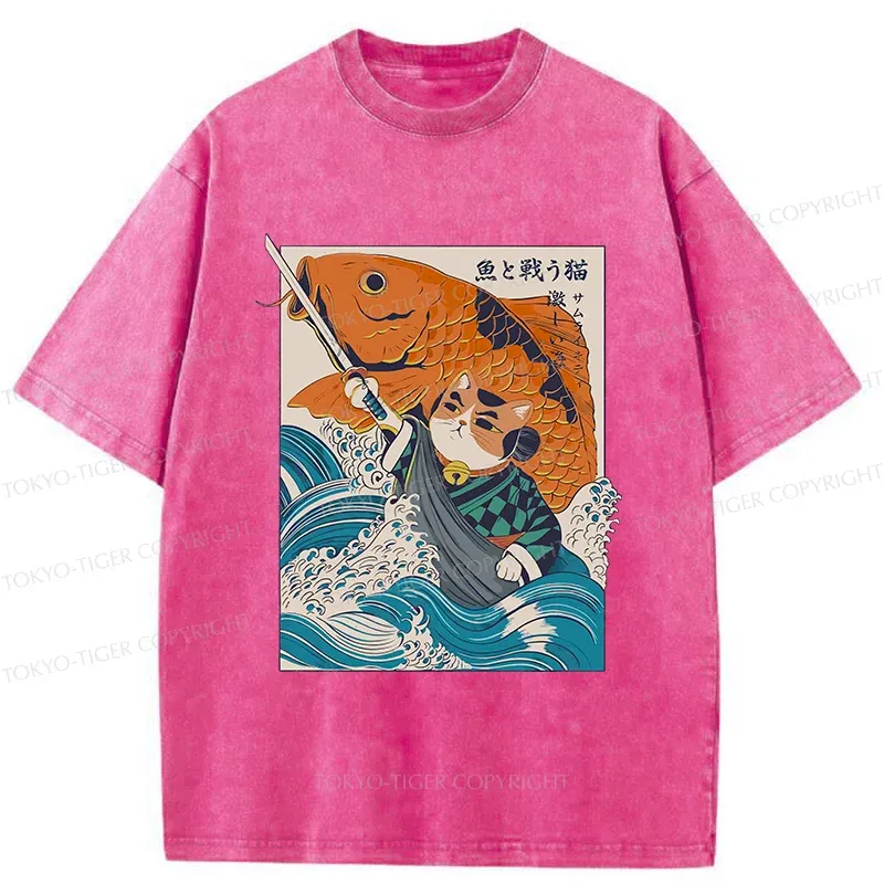 Tokyo-Tiger Samurai Cat And Goldfish Washed T-Shirt