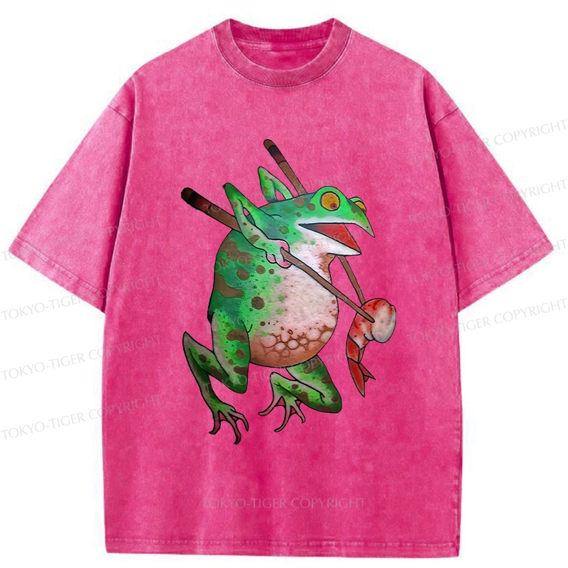 Tokyo-Tiger Funny Frog Picking Up Shrimp Washed T-Shirt