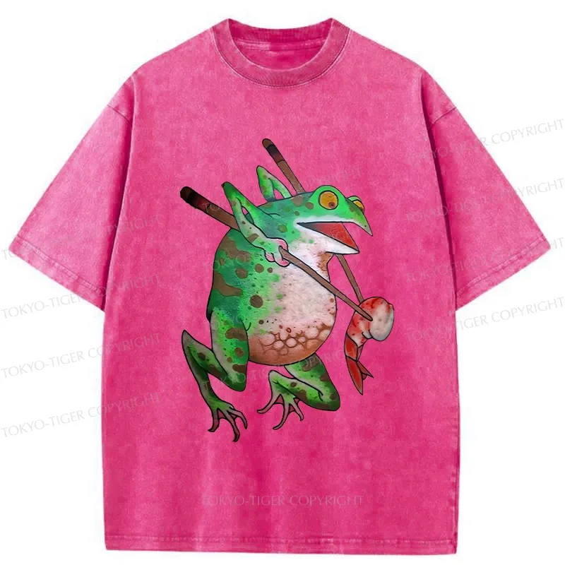 Tokyo-Tiger Funny Frog Picking Up Shrimp Washed T-Shirt