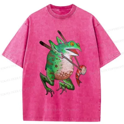 Tokyo-Tiger Funny Frog Picking Up Shrimp Washed T-Shirt