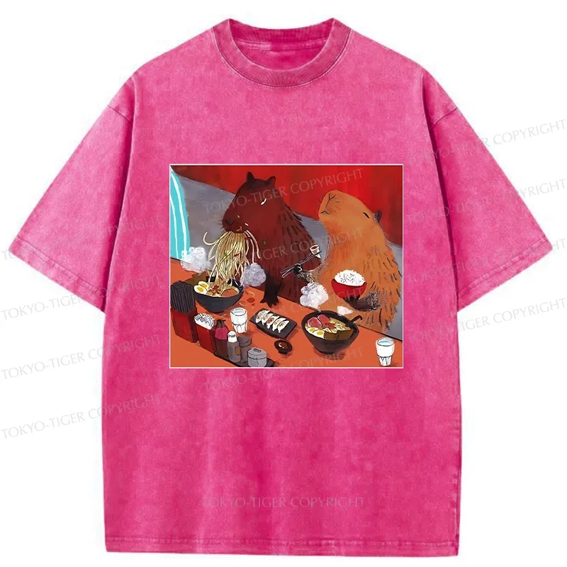 Tokyo-Tiger Ramen Lovers Capybara Funny Washed T-Shirt