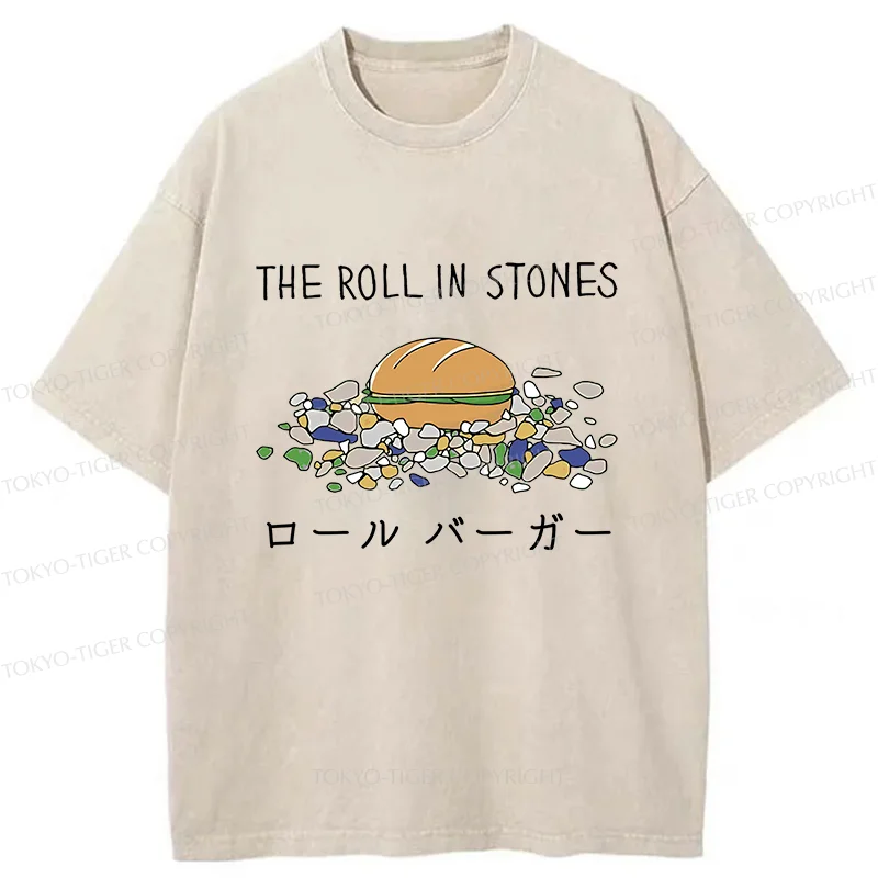 Tokyo-Tiger Rolling Hamburger Funny Washed T-Shirt