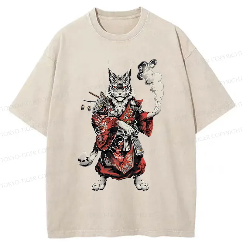 Tokyo-Tiger Fierce Cat Japanese Samurai Washed T-Shirt