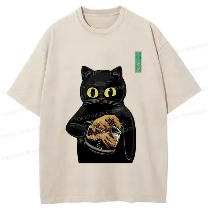 Tokyo-Tiger Black Cat Holding Coffee Washed T-Shirt