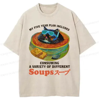 Tokyo-Tiger Cat Drinking Soup Washed T-Shirt