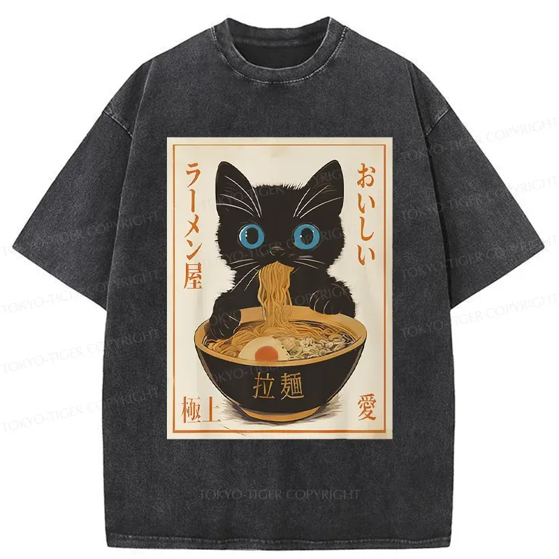 Tokyo-Tiger Vintage Cat Eating Ramen Washed T-Shirt