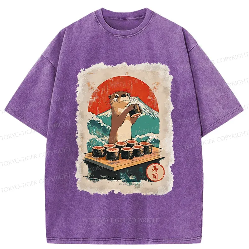 Tokyo-Tiger Otter Eating Sushi Washed T-Shirt