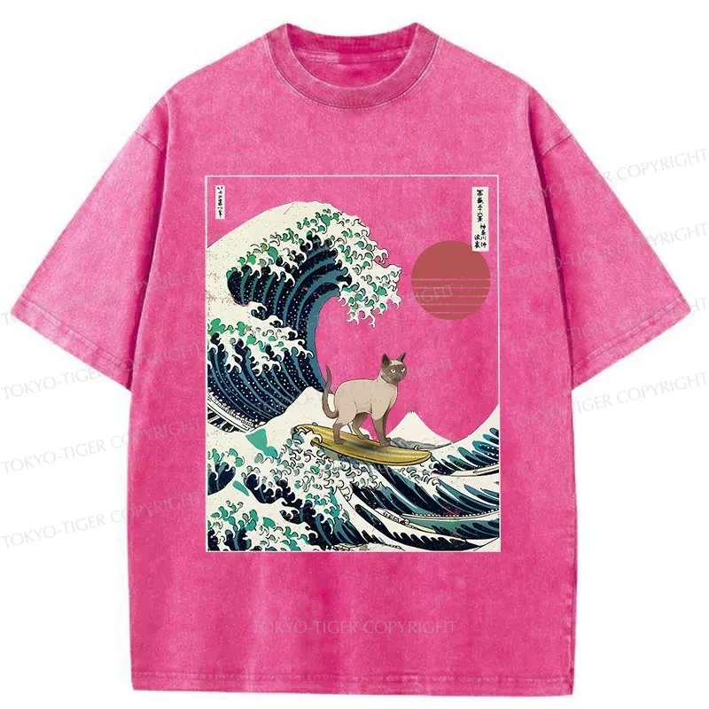 Tokyo-Tiger Siamese Cat Surfing Washed T-Shirt