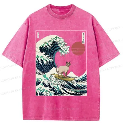 Tokyo-Tiger Siamese Cat Surfing Washed T-Shirt