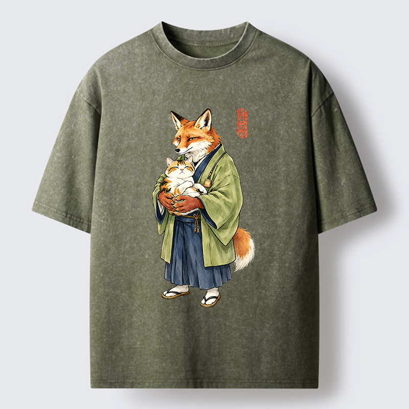 Tokyo‑Tiger Kimono Fox Holding Cat Washed T‑Shirt