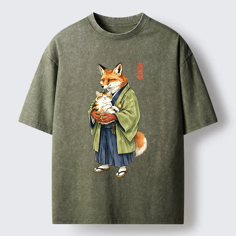 Tokyo‑Tiger Kimono Fox Holding Cat Washed T‑Shirt