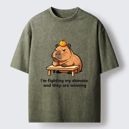 Tokyo‑Tiger Funny Orange Capybara Meme Washed T‑Shirt