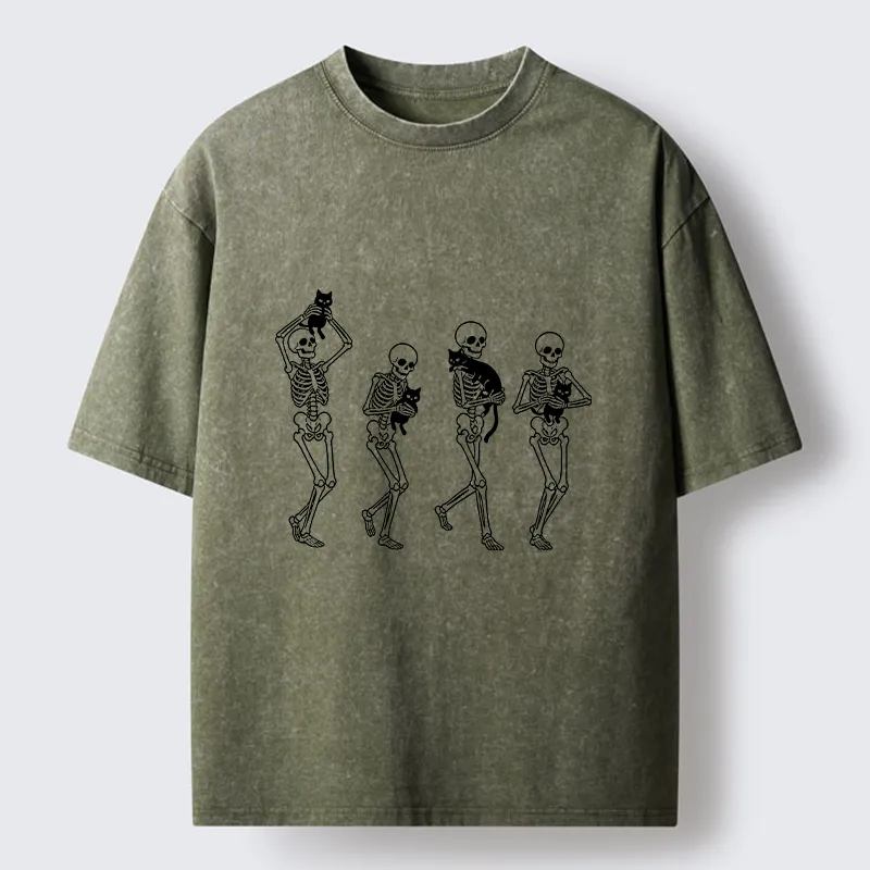 Tokyo‑Tiger Funny Skeleton Cat Meme Washed T‑Shirt