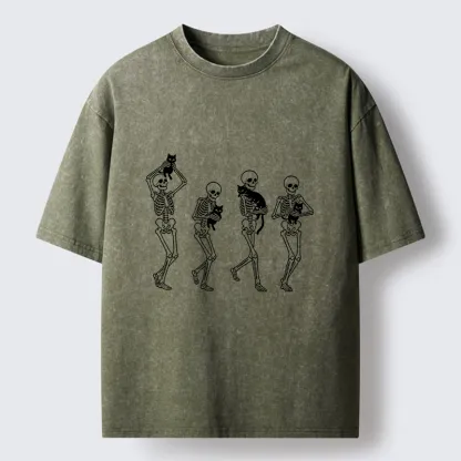 Tokyo‑Tiger Funny Skeleton Cat Meme Washed T‑Shirt