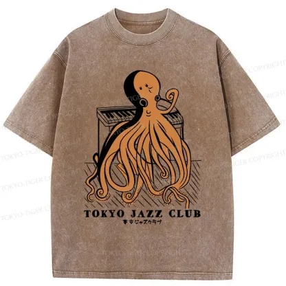 Tokyo-Tiger Octopus Playing Piano Washed T-Shirt