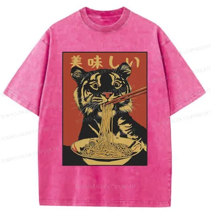Tokyo-Tiger Tiger Eating Delicious Ramen Washed T-Shirt